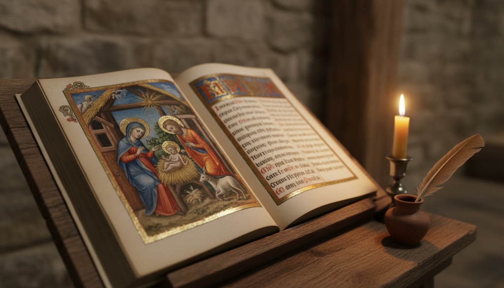 Vieux manuscrit enluminé ouvert sur un pupitre en bois, page représentant une nativité peinte à la main, plume d'oie et encrier
