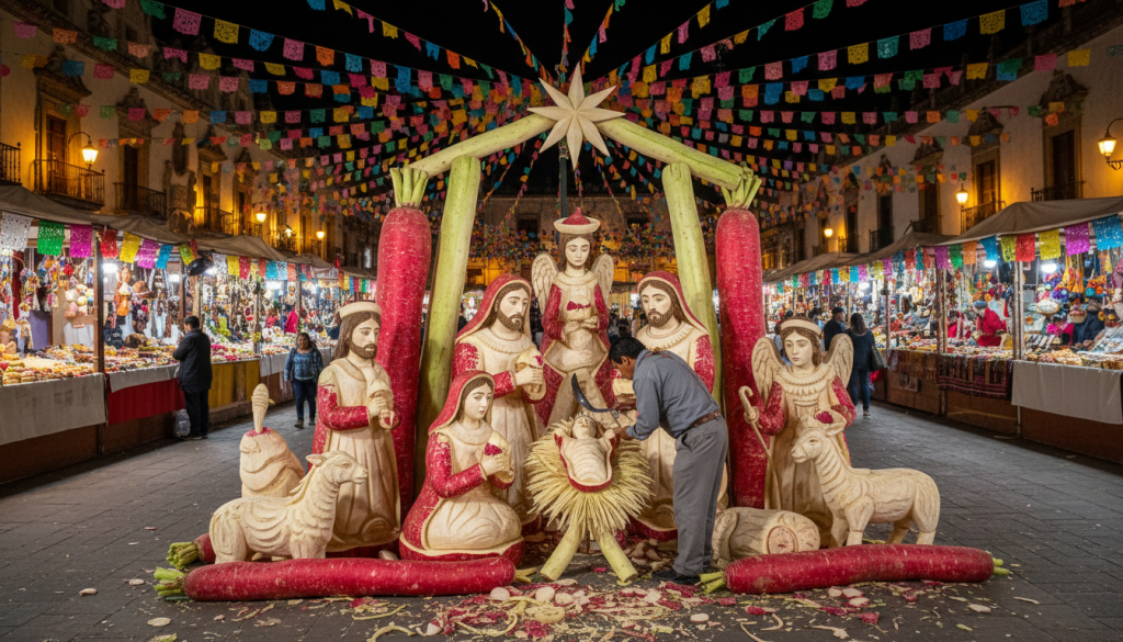 Sculptures géantes de radis rouges et blancs façonnées en scène de crèche sur une place mexicaine illuminée le soir, artisan penché sur son ouvrage