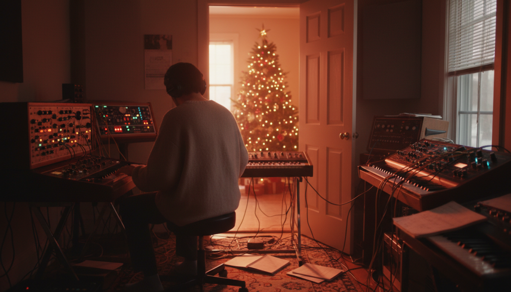 Musicien vu de dos dans un petit studio à la maison, entouré de synthétiseurs vintage aux boutons illuminés, câbles et partitions éparpillés