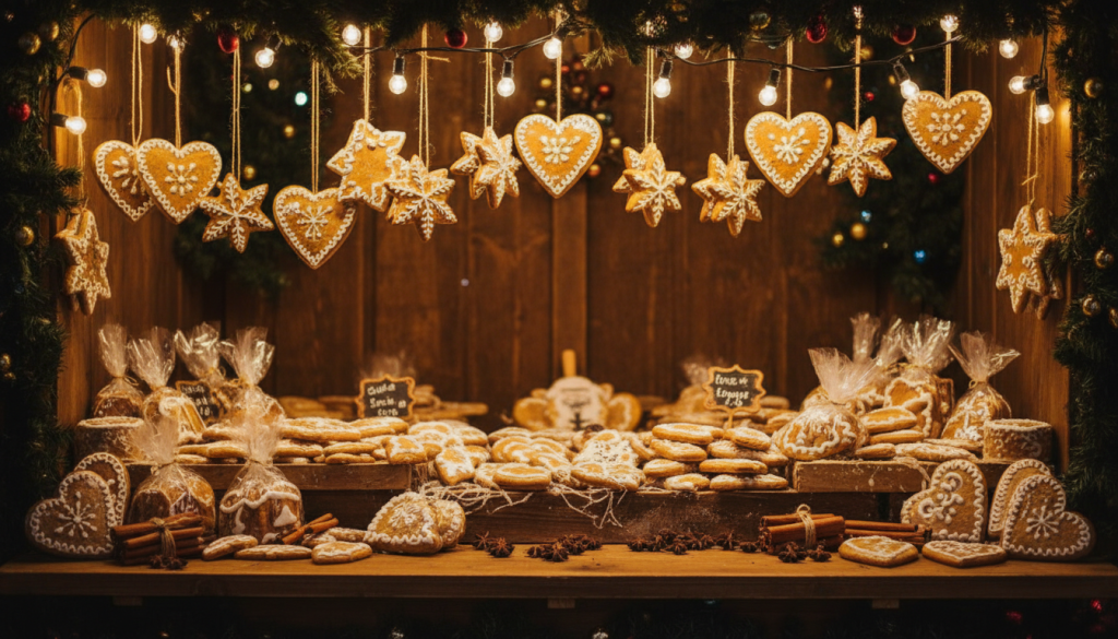 Étal de marché de Noël alsacien couvert de pains d'épices dorés en forme de cœurs et d'étoiles, glaçage sucré, cannelle et anis étoilé