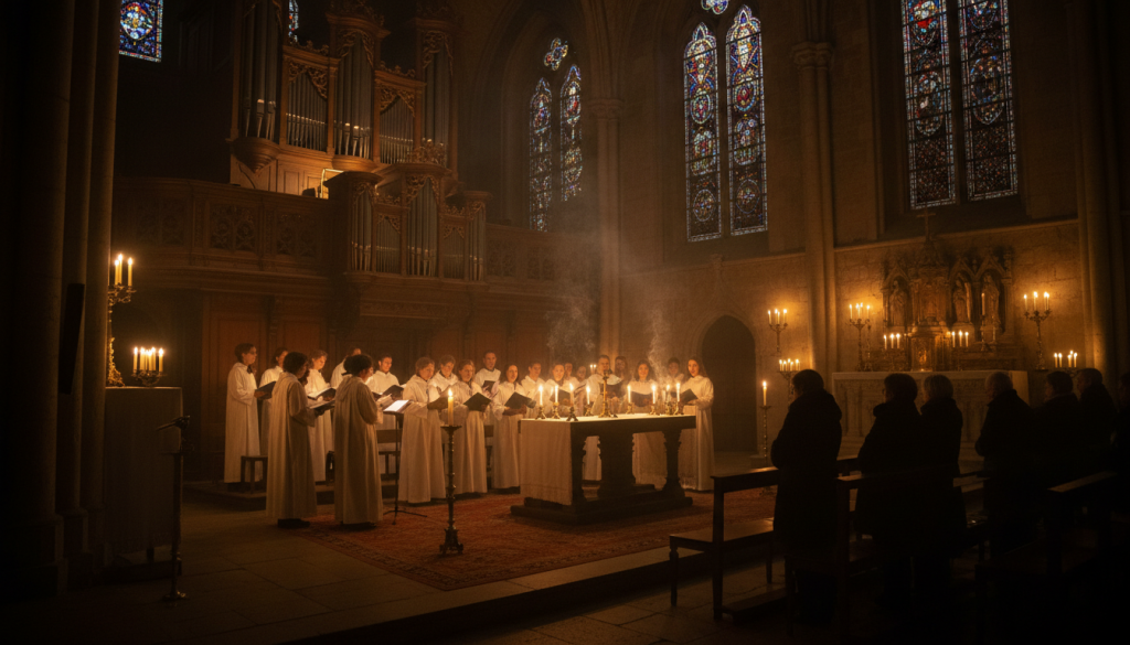 Intérieur d'une église française illuminée aux chandelles pour la messe de minuit, choristes en aube regroupés près d'un orgue à tuyaux