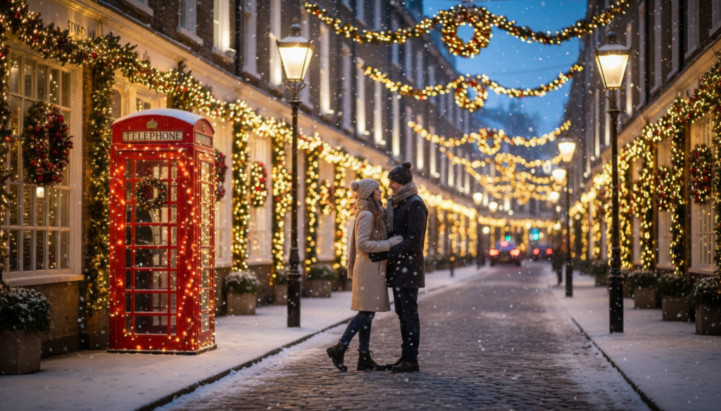 Rue de Londres illuminée pour Noël, cabine téléphonique rouge, façades géorgiennes ornées de guirlandes lumineuses et de couronnes, couple enlacé