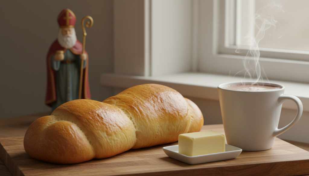 Brioche allongée à deux bosses dorées évoquant un nourrisson emmailloté (cougnou), sur une planche en bois