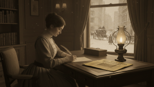 Bureau ancien éclairé à la lampe à gaz, jeune fille en robe d'époque écrivant une lettre à la plume, vieux journal