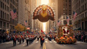 Défilé de Thanksgiving dans une rue de New York, immense ballon gonflable au-dessus de la foule et fanfare
