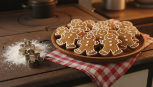 Plateau de biscuits en pain d'épices en forme de bonhommes au glaçage blanc sur un torchon à carreaux