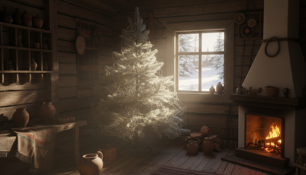 Sapin de Noël modeste couvert de fines toiles d'araignée scintillant comme des fils d'argent et d'or