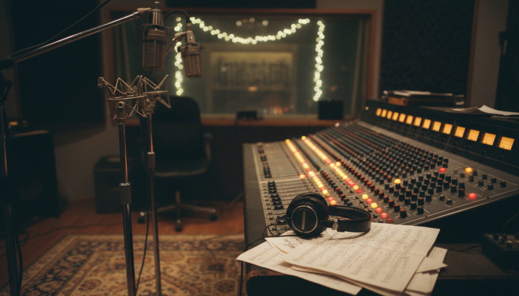 Studio d'enregistrement des années 1980 avec micros vintage, partitions et casques sur une console de mixage