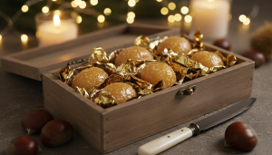 Marrons glacés dorés et brillants dans une boîte en bois ouverte, papier de soie doré, sur une table de fête