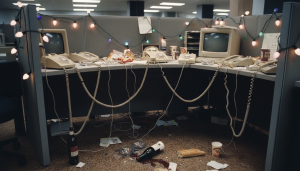 Bureau desordonne d'une permanence telephonique des annees 1980 avec des guirlandes de Noel de travers