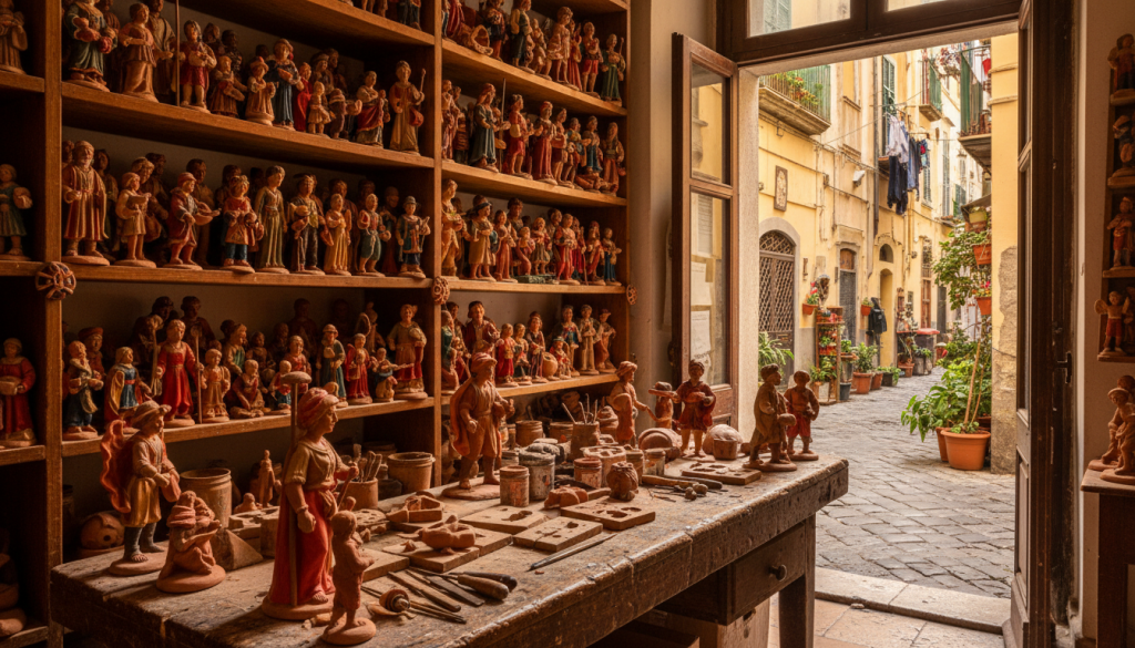 Atelier d'artisan napolitain rempli de santons en argile peints a la main sur des etageres