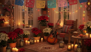 Guitare acoustique dans un salon chaleureux decore de guirlandes colorees, ambiance latino-americaine de Noel