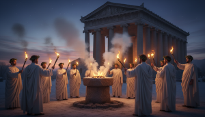 Ceremonie romaine antique au solstice d'hiver, hommes en toges avec torches autour d'un autel de pierre