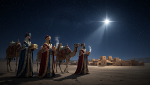 Trois Rois mages en tenues orientales portant l'or, l'encens et la myrrhe, cheminant de nuit dans le desert