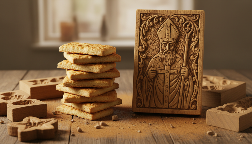 Biscuits speculoos dores empiles pres d'une planche de bois sculptee a l'effigie de saint Nicolas