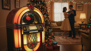 Juke-box vintage diffusant un vinyle dans un salon americain des annees 1950 decore pour Noel