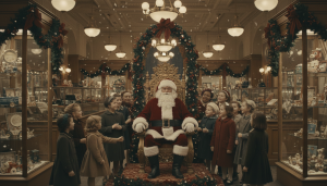 Pere Noel en costume rouge posant dans un grand magasin des annees 1940 aux vitrines scintillantes