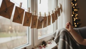 Enveloppes kraft numérotées suspendues à une ficelle, une main d'enfant en ouvre une
