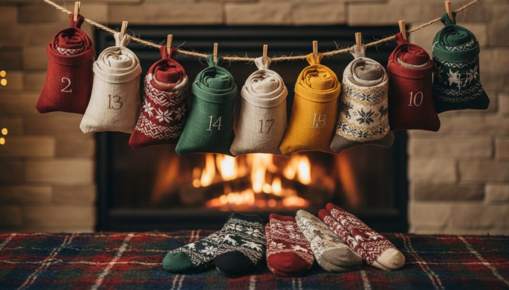 Chaussettes à motifs d'hiver rangées dans des pochettes numérotées suspendues devant une cheminée