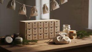 Calendrier en bois à tiroirs et pochons en tissu de lin avec savons solides et bocaux en verre