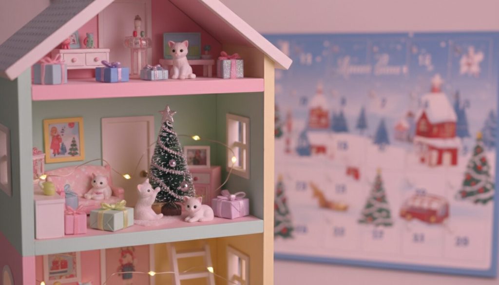 Maison de poupées miniature décorée pour Noël avec de petites figurines de chatons
