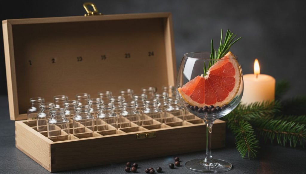 Fioles de gin alignées dans un coffret à cases numérotées avec un verre tulipe et du romarin