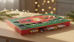 Calendrier de l'Avent en papeterie aux couleurs de Noël, cases ouvertes laissant apparaître stylos et trombones