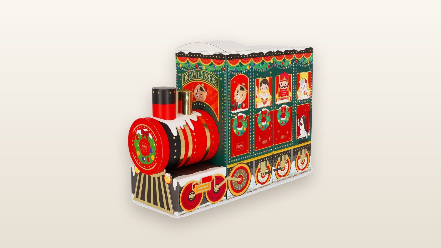 Coffret Legami Dream Express, calendrier de l'Avent cartonné en forme de locomotive de Noël avec ses cases numérotées