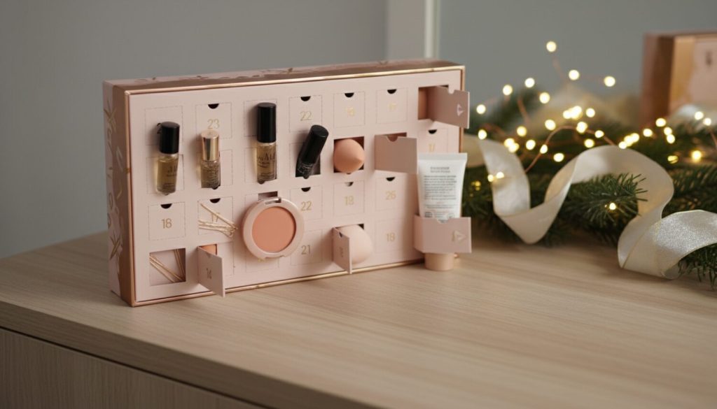Calendrier de l'Avent beauté rose et doré ouvert sur une coiffeuse, flacons de soin et maquillage