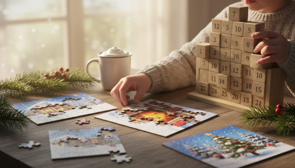 Petits puzzles en cours d'assemblage sur une table avec des boîtes numérotées