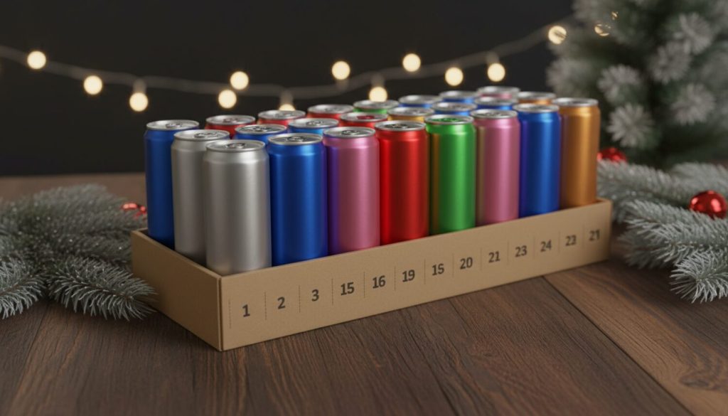 Calendrier de l'Avent composé de 24 canettes de boisson énergisante rangées dans un coffret numéroté