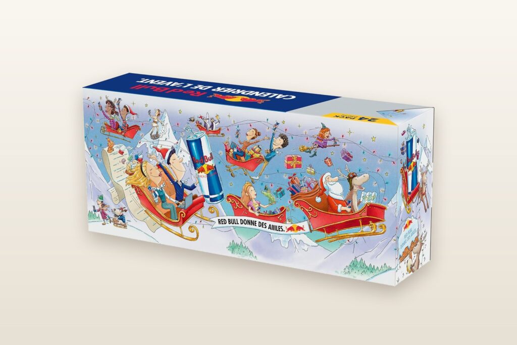 Coffret du calendrier de l'Avent Red Bull 2026 de 24 canettes illustré de traîneaux et du Père Noël