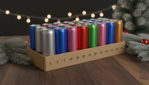 Calendrier de l'Avent composé de 24 canettes de boisson énergisante rangées dans un coffret numéroté