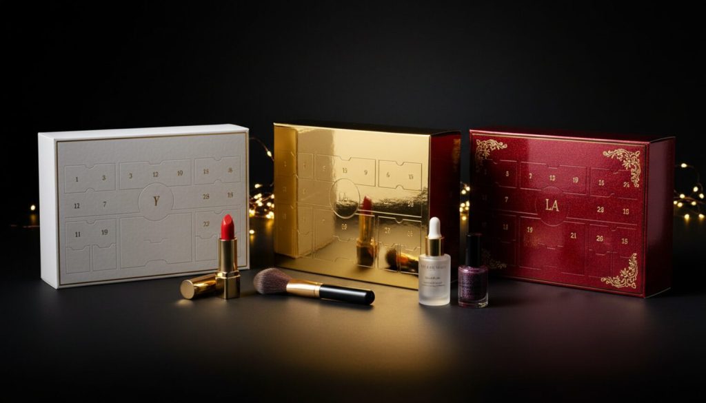 Trois coffrets calendriers de l'Avent beauté alignés, version carton, métal doré et édition luxe