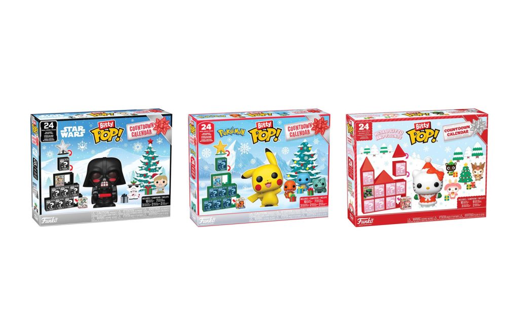 Les trois calendriers de l'Avent Funko Bitty Pop 2026 : Star Wars, Pokémon et Hello Kitty
