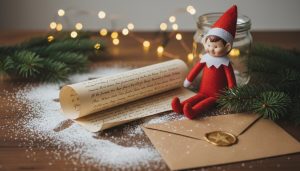 Lettre d'arrivée du lutin farceur posée près d'une figurine de lutin, d'une enveloppe kraft et de sucre glace
