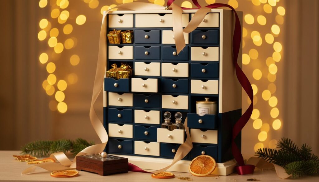 Calendrier de l'Avent de luxe en forme de cabinet à tiroirs ivoire et bleu nuit, rubans dorés, miniatures et bougie