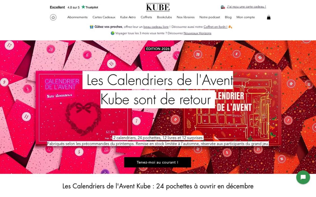 Page du calendrier de l’Avent livres Kube et ses 24 pochettes à ouvrir en décembre