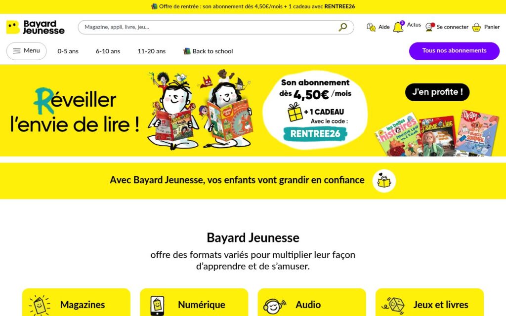 Page de Bayard Jeunesse, magazines et livres pour les premiers lecteurs
