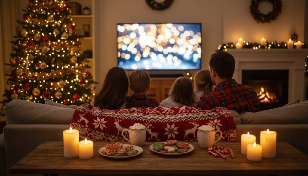 Famille en pyjamas de Noël sous un plaid devant un téléfilm de Noël, sapin illuminé et chocolats chauds
