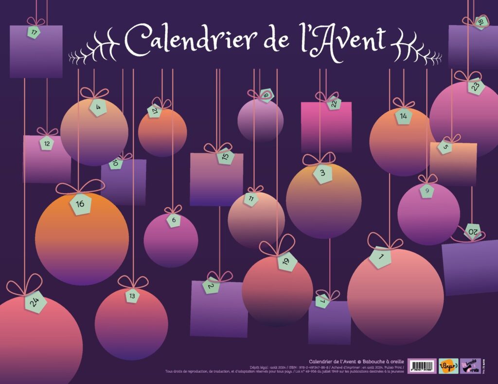 Calendrier de l'Avent sonore des enfants de 5 à 10 ans, boules de Noël suspendues sur fond violet