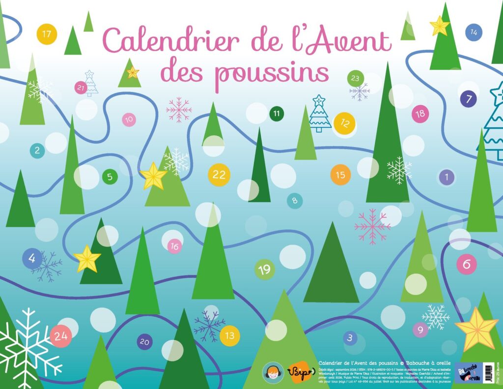 Calendrier de l'Avent sonore des poussins pour les 2-4 ans, sapins et numéros sur fond turquoise