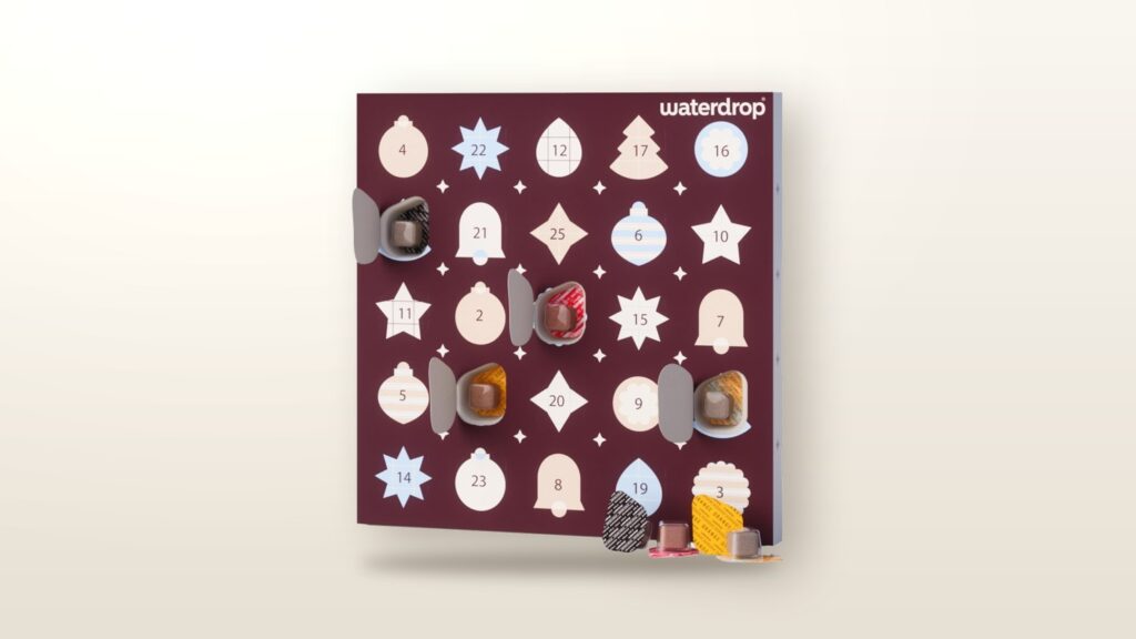Calendrier de l’Avent waterdrop ouvert avec ses cubes de boisson sans sucre dans les cases
