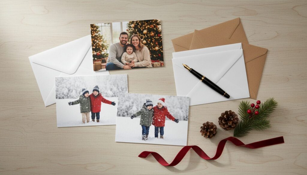 Cartes de Noël photo imprimées avec enveloppes blanches et kraft, branche de sapin et ruban rouge