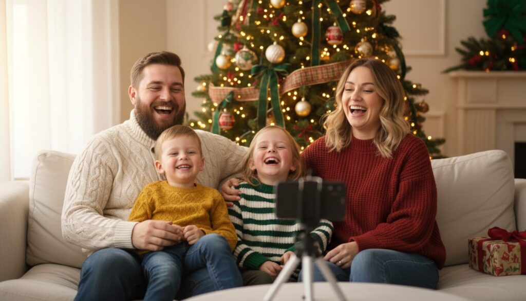 Famille en pulls de Noël qui rit sur un canapé devant le sapin, photographiée par un smartphone sur trépied