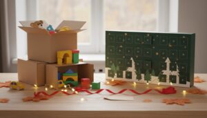 Colis ouverts remplis de jouets d'enfants à côté d'un calendrier de l'Avent vert et doré, achetés en avance pour Noël